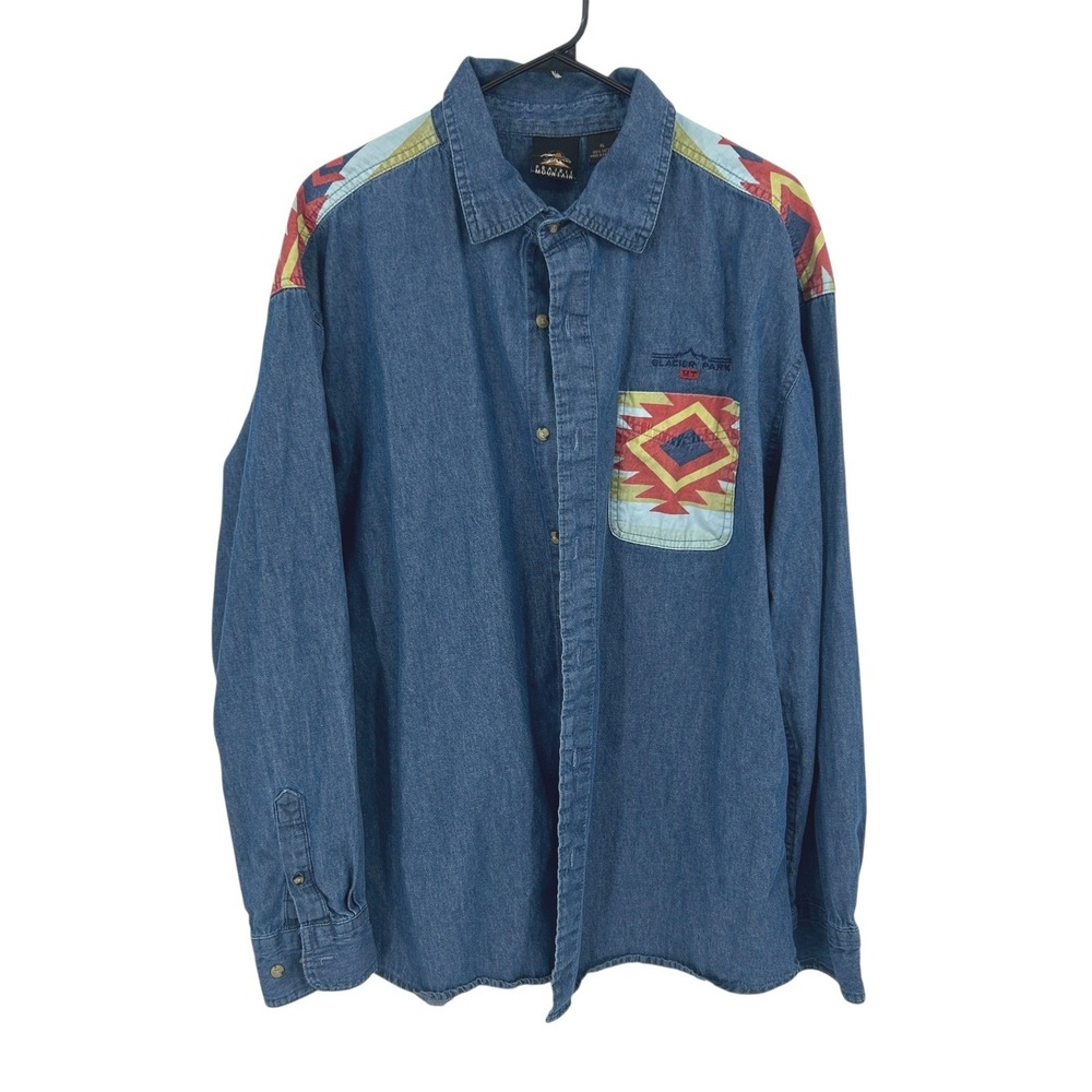 Denim Western Button Down Shirt Aztec Yoke Cotton XL‎ Americana Heritage